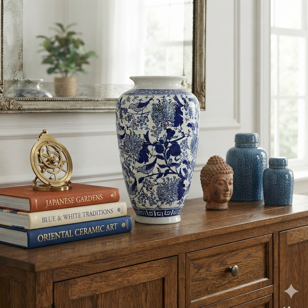 Chinoserie Flower Vase Leusden - 36x18x18cm - Blue White Porcelain