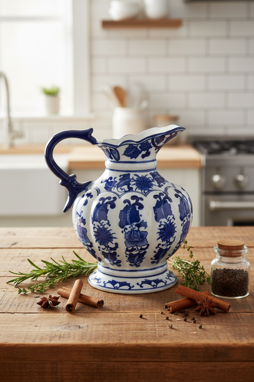 Traditional Jug Flower Vase Aekinga - 25x23.5x19.5cm - White Blue Porcelain