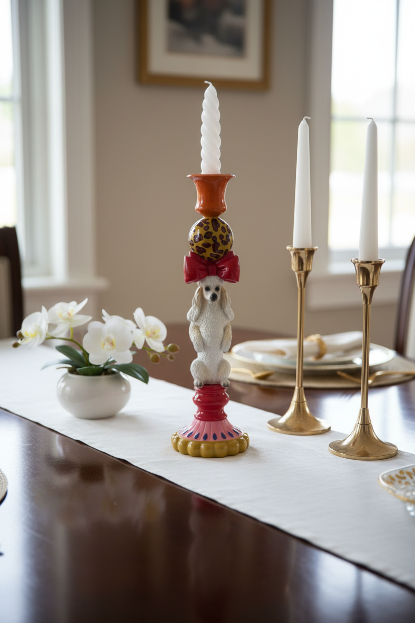 Vintage Style Poodle Dog Candlestick - H36x10.5x10.5cm - Polyresin
