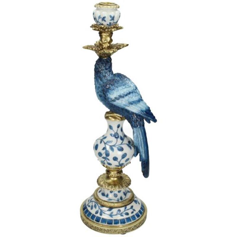 Vintage Style Parrot Candleholder L - H40x13x15cm - Polyresin Blue