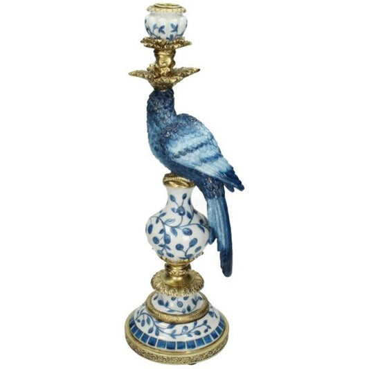Vintage Style Parrot Candleholder L - H40x13x15cm - Polyresin Blue