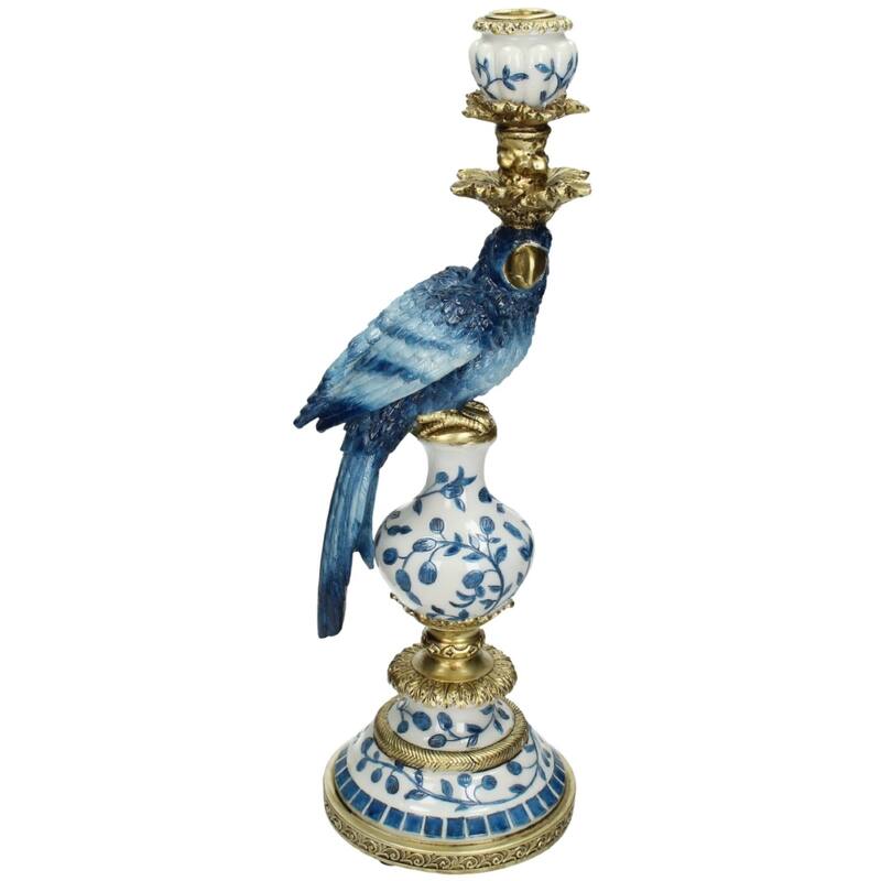 Vintage Style Parrot Candleholder L - H40x13x15cm - Polyresin Blue