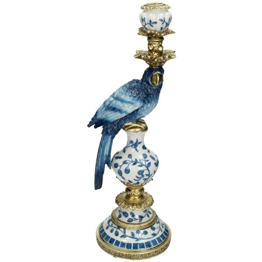 Vintage Style Parrot Candleholder L - H40x13x15cm - Polyresin Blue