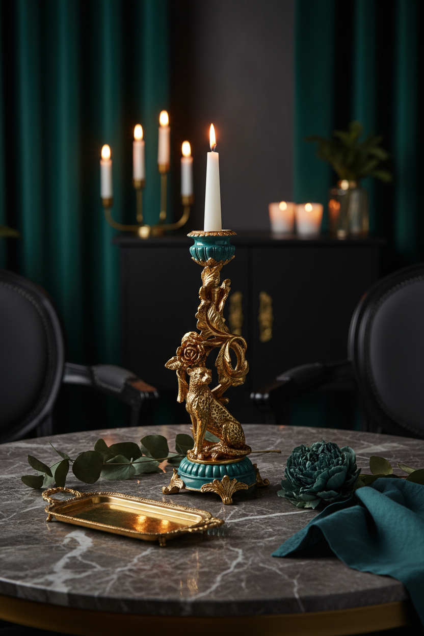 Vintage Style Leopard Candleholder - H34x12x12cm - Polyresin
