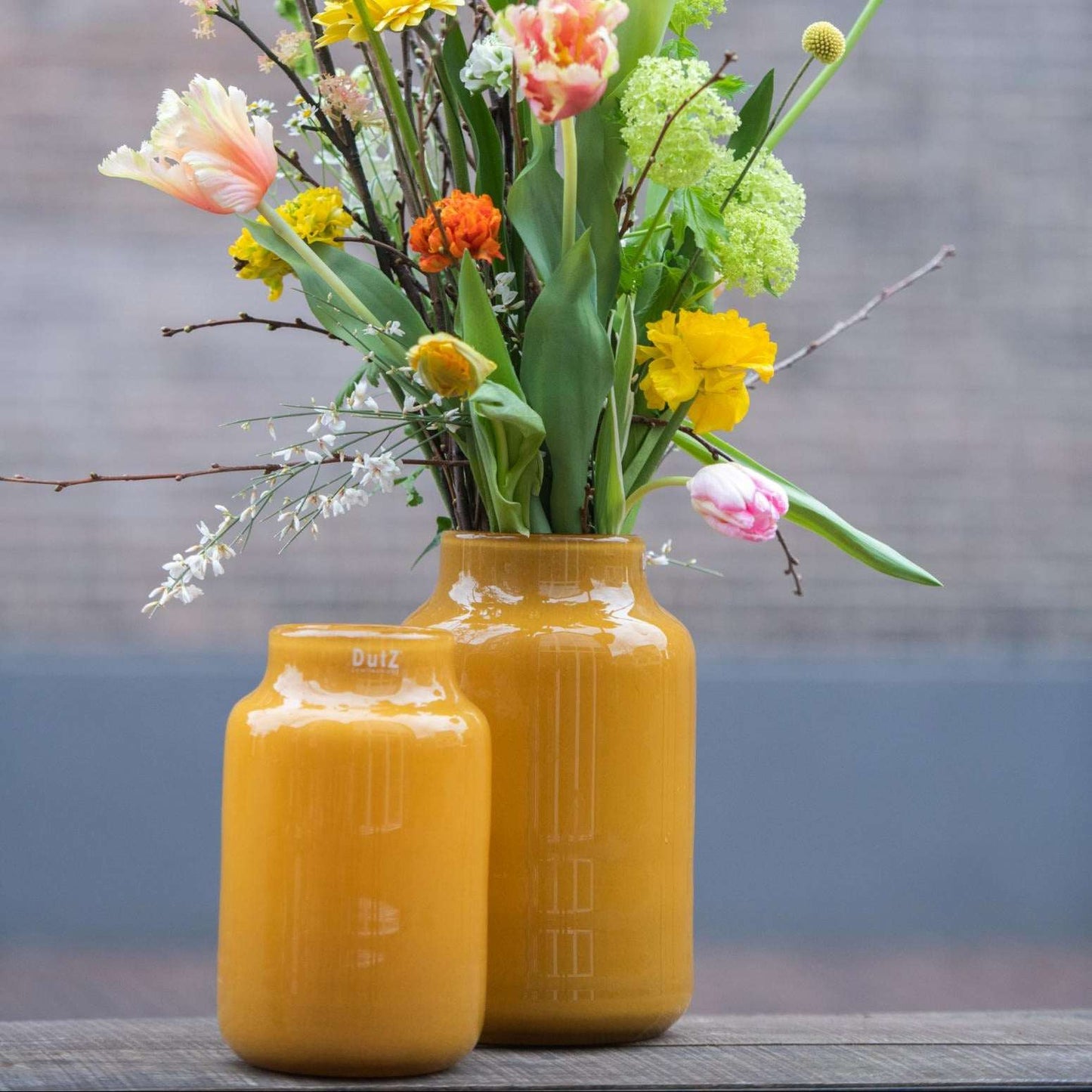 Lowlands Design Apothecary Glass Vase in Yellow with Colourful Flowers for Home Decor