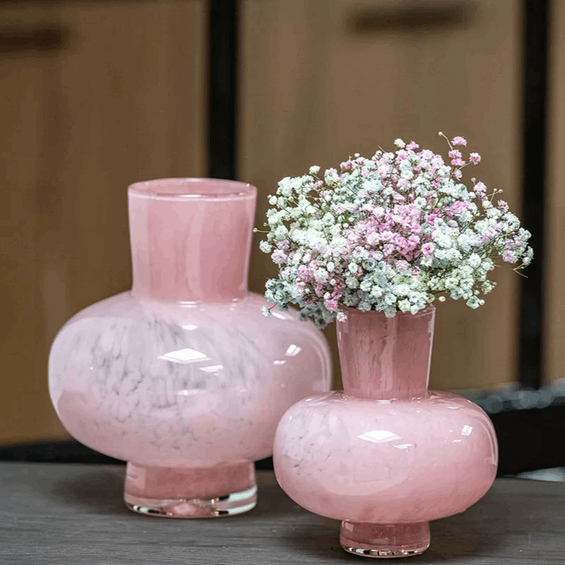 Lowlands Design handmade glass pink decorative vase set of two with marbled finish and baby breath flowers