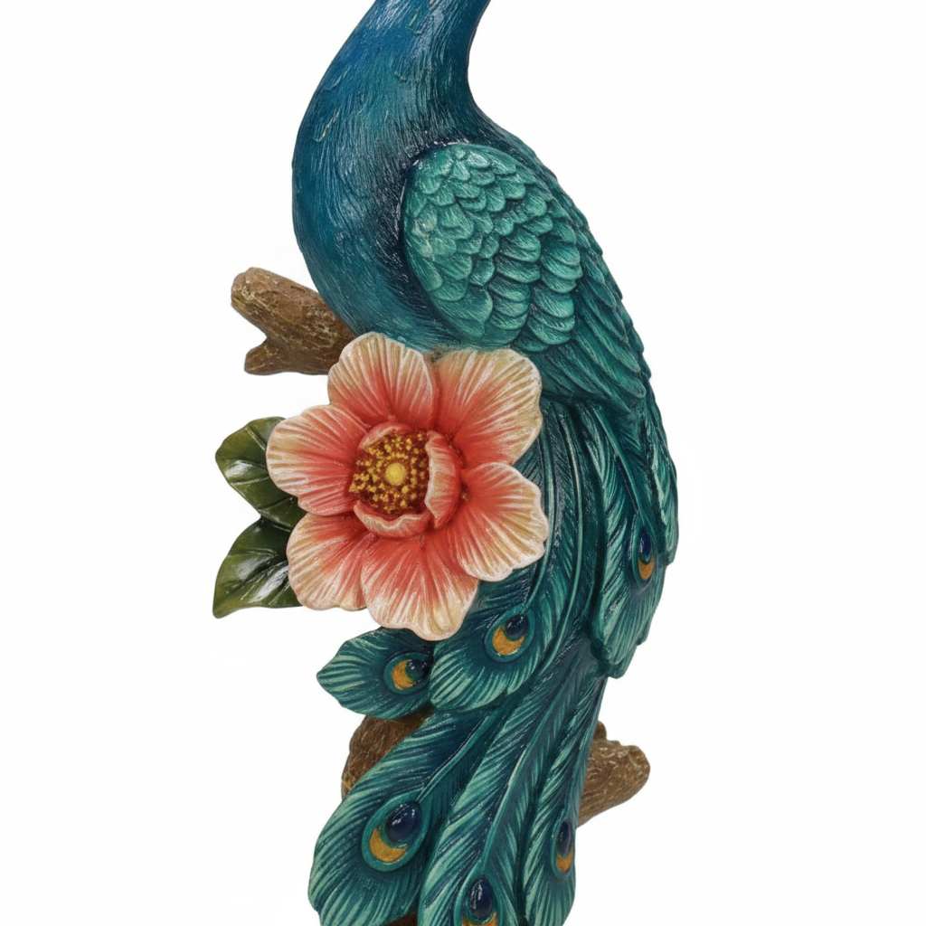 Lowlands Design bird tablescape candleholder in teal with a floral accent and detailed peacock design