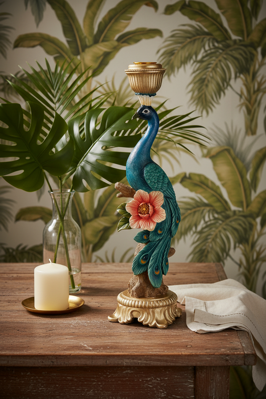 Lowlands Design peacock bird tablescape candleholder in vibrant colors, ideal for elegant decor