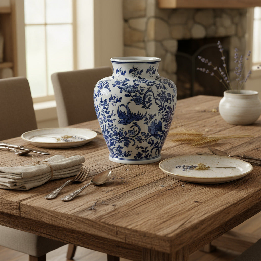 Lowlands Design Blue and White Porcelain Jar displayed elegantly on a dining table with rustic decor