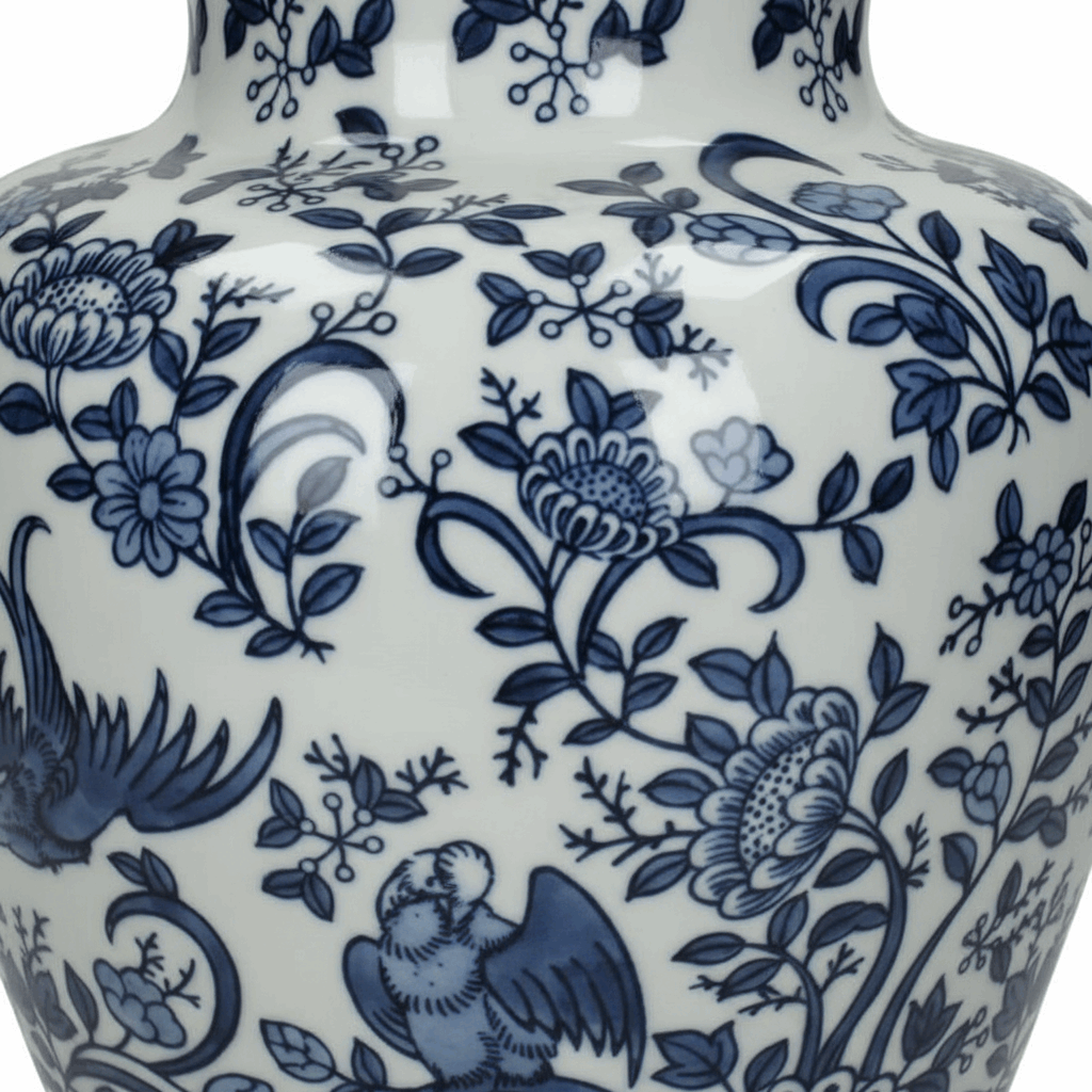 Lowlands Design Blue and White Porcelain Jar with Intricate Floral Pattern and Elegant Shape