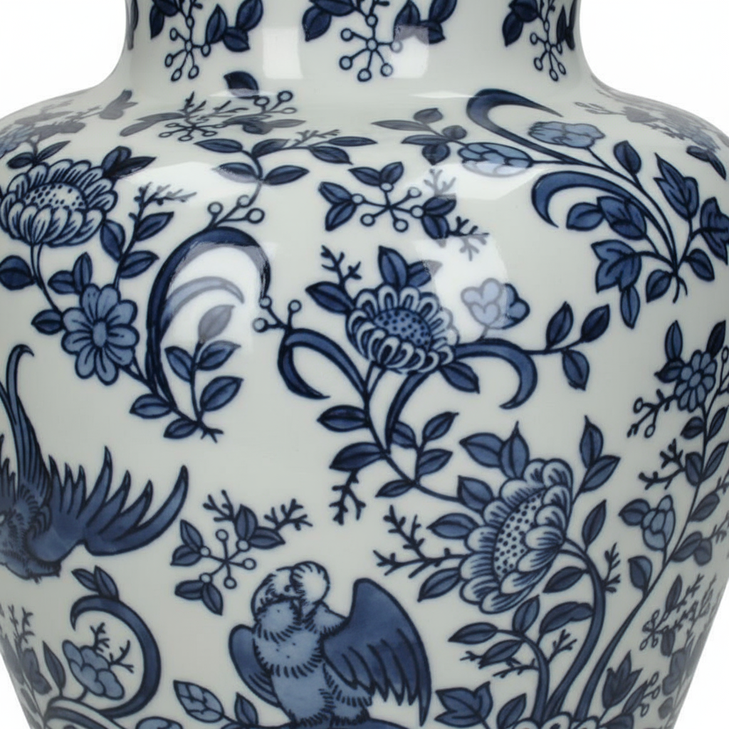 Lowlands Design Blue and White Porcelain Jar with Intricate Floral Pattern and Elegant Shape