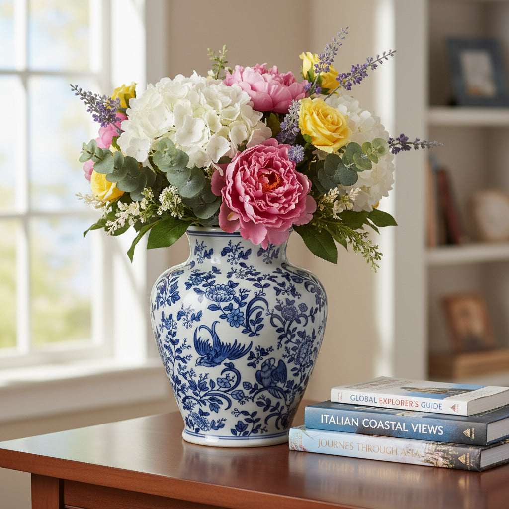 Blue and White Porcelain Jar with Colourful Floral Arrangement on a Wooden Table