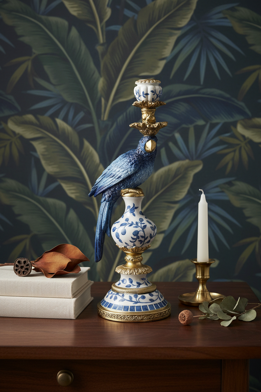 Lowlands Design candleholder bird regency hollywood in blue and gold, featuring a parrot design