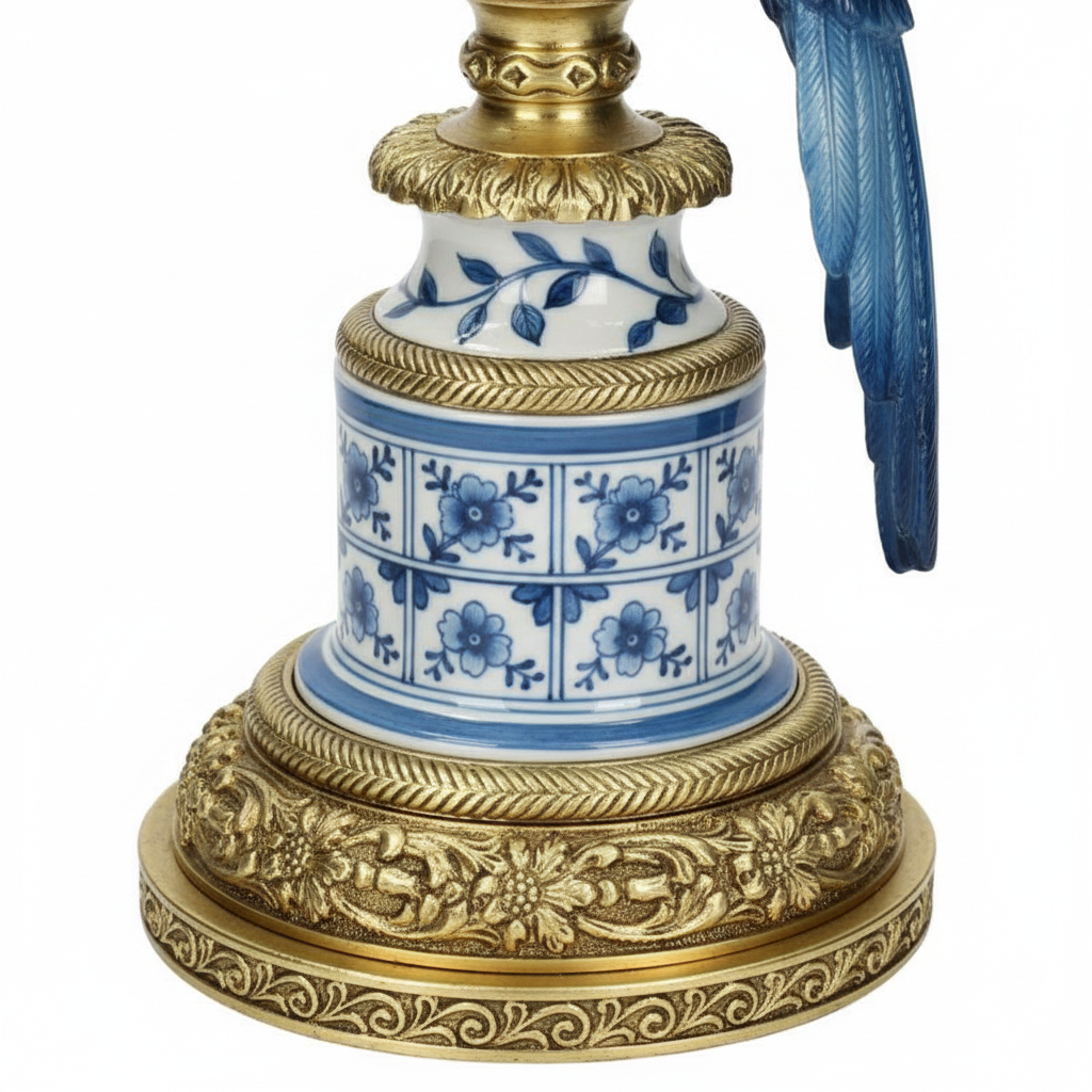 Lowlands Design candleholder bird regency hollywood in blue and gold, ornate ceramic and metal