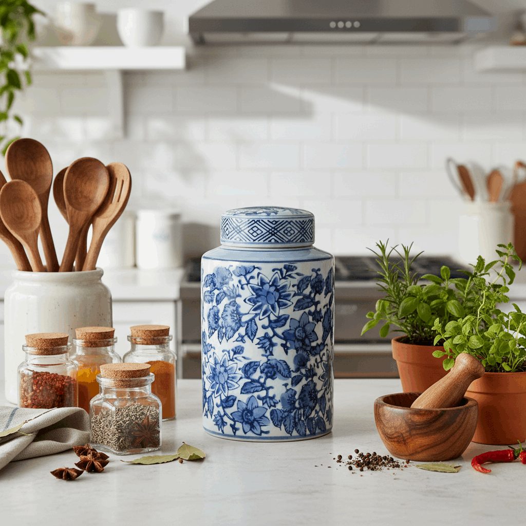 Ceramic Blue and White Ginger Jar for Elegant Home Styling placed in a stylish kitchen with decorative utensils