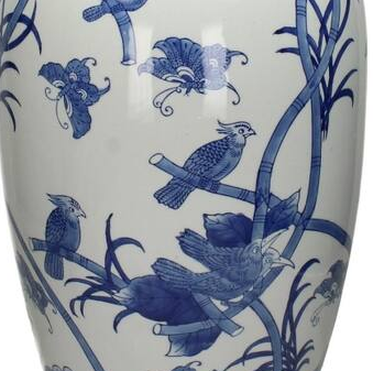 Chinoiserie ceramic large floor vase with intricate blue bird and floral designs