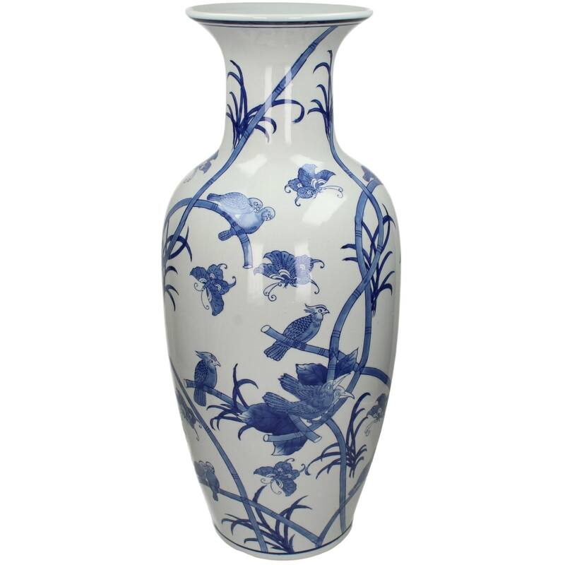 Chinoiserie ceramic large floor vase featuring elegant blue floral and bird designs