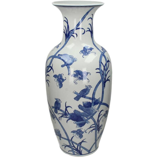 Chinoiserie ceramic large floor vase featuring elegant blue floral and bird designs