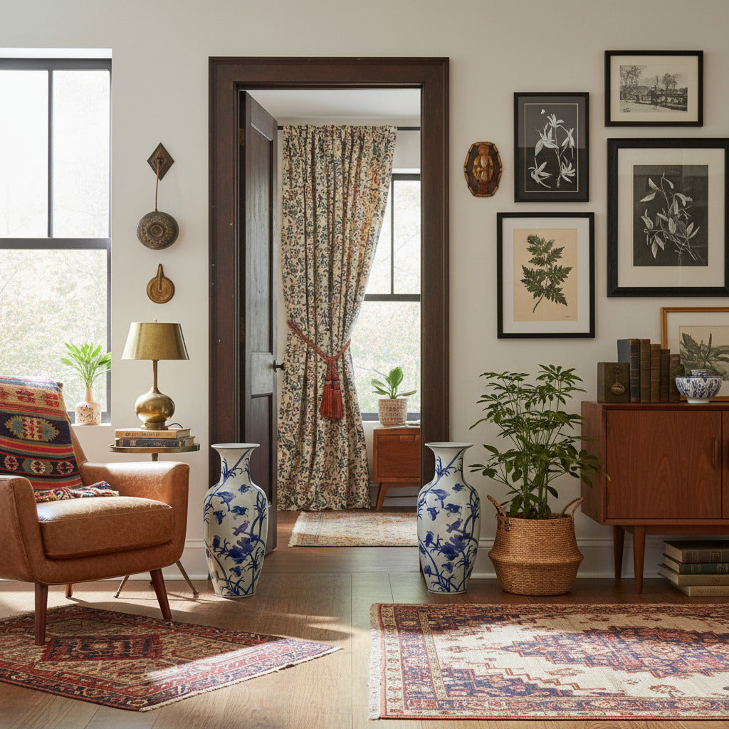 Chinoiserie ceramic large floor vase in a stylish living room with elegant decor and plants