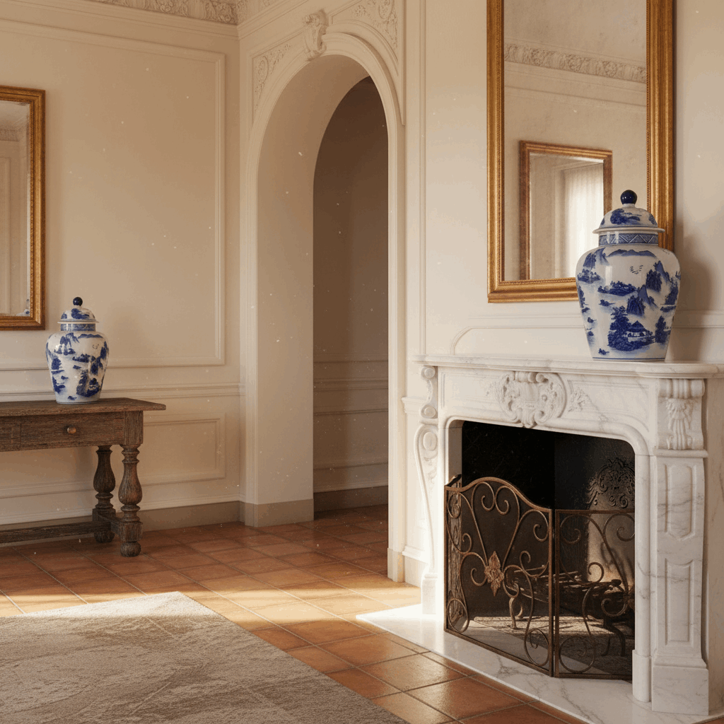 Chinoiserie Ginger Jar Pot in Blue and White, elegantly displayed in a classic room setting