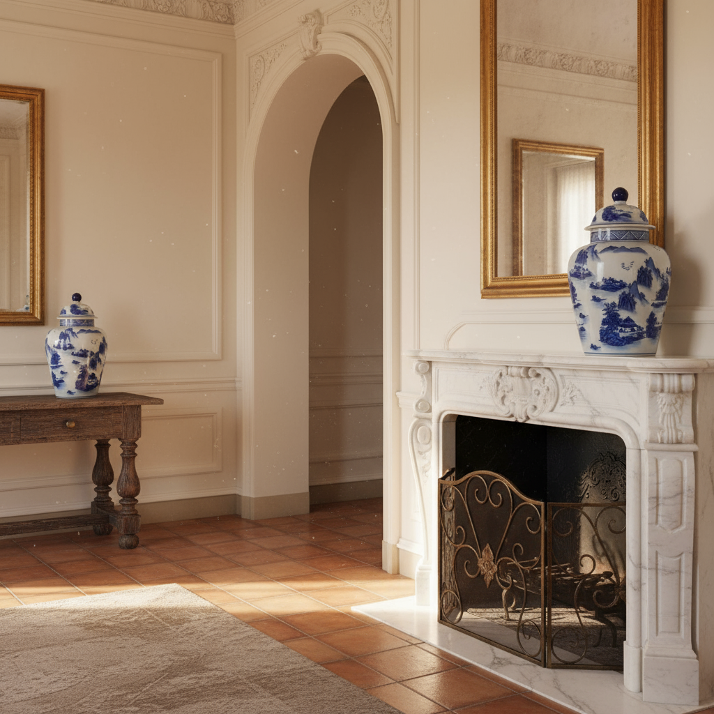 Chinoiserie Ginger Jar Pot in Blue and White, elegantly displayed in a classic room setting