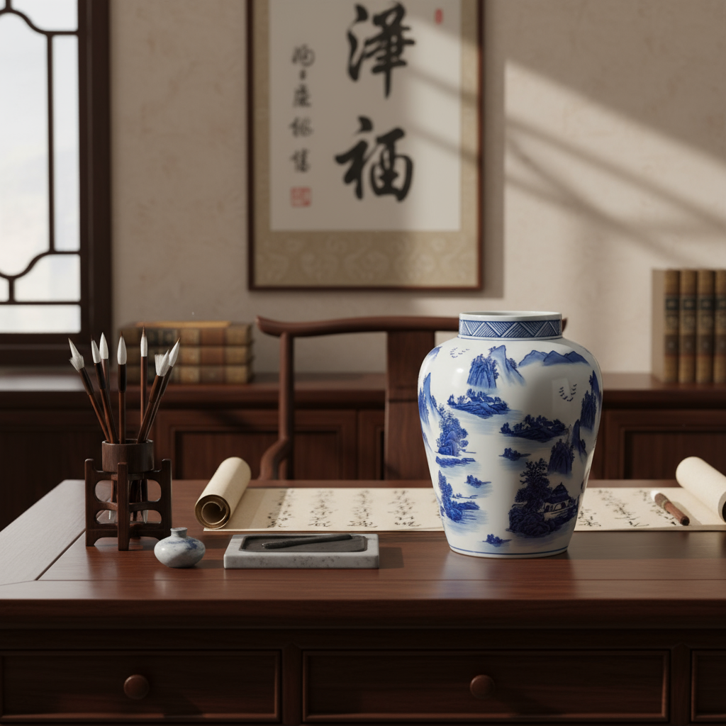 Chinoiserie Ginger Jar Pot with blue and white design on a wooden table in a traditional setting