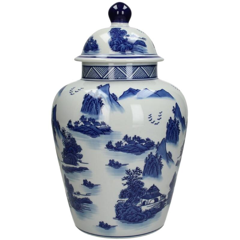 Chinoiserie Ginger Jar Pot in Blue and White with Scenic Landscape Design and Lid