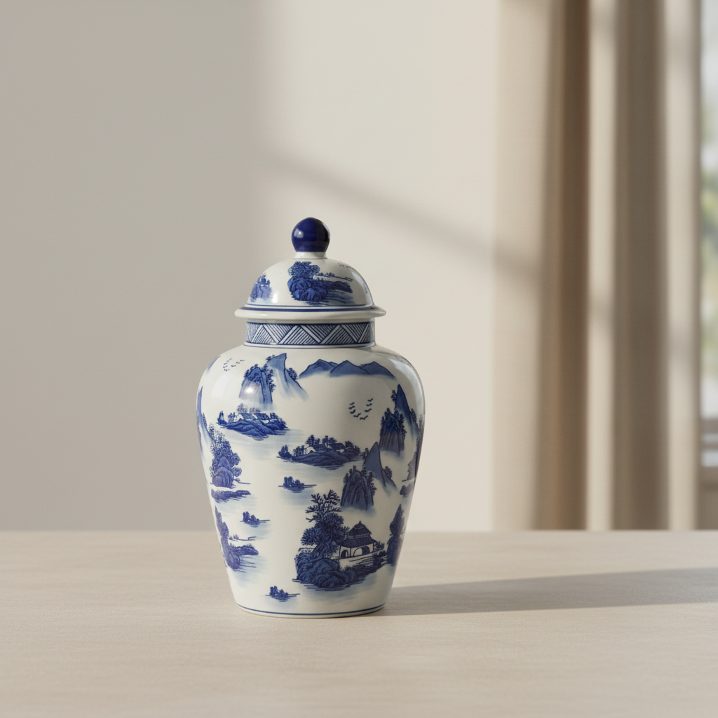 Chinoiserie Ginger Jar Pot & Vase Emmen  - 35x18x18cm - White Blue Porcelain