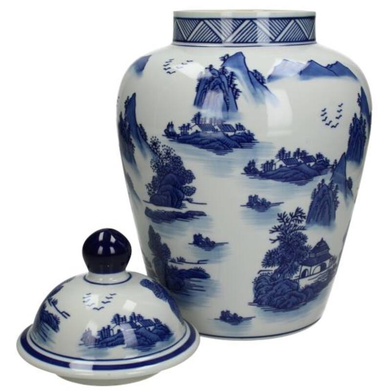 Chinoiserie Ginger Jar Pot by Lowlands Design with intricate blue landscapes and matching lid