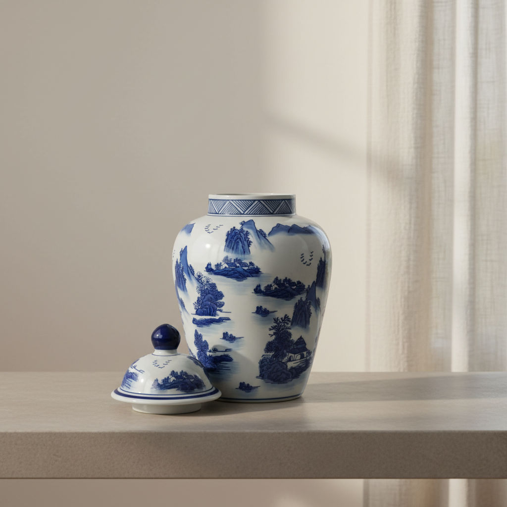 Chinoiserie Ginger Jar Pot & Vase Emmen  - 35x18x18cm - White Blue Porcelain