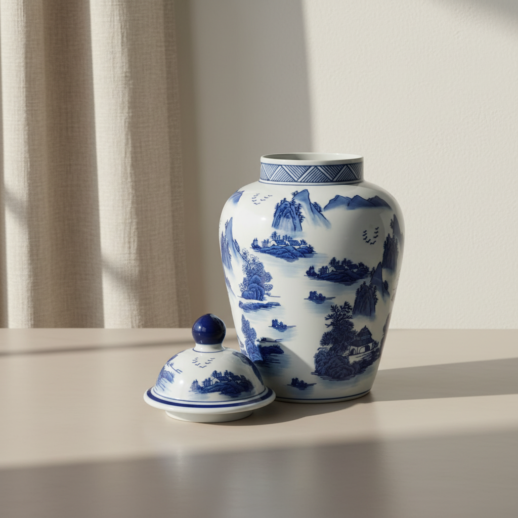 Chinoiserie Ginger Jar Pot & Vase Emmen  - 35x18x18cm - White Blue Porcelain
