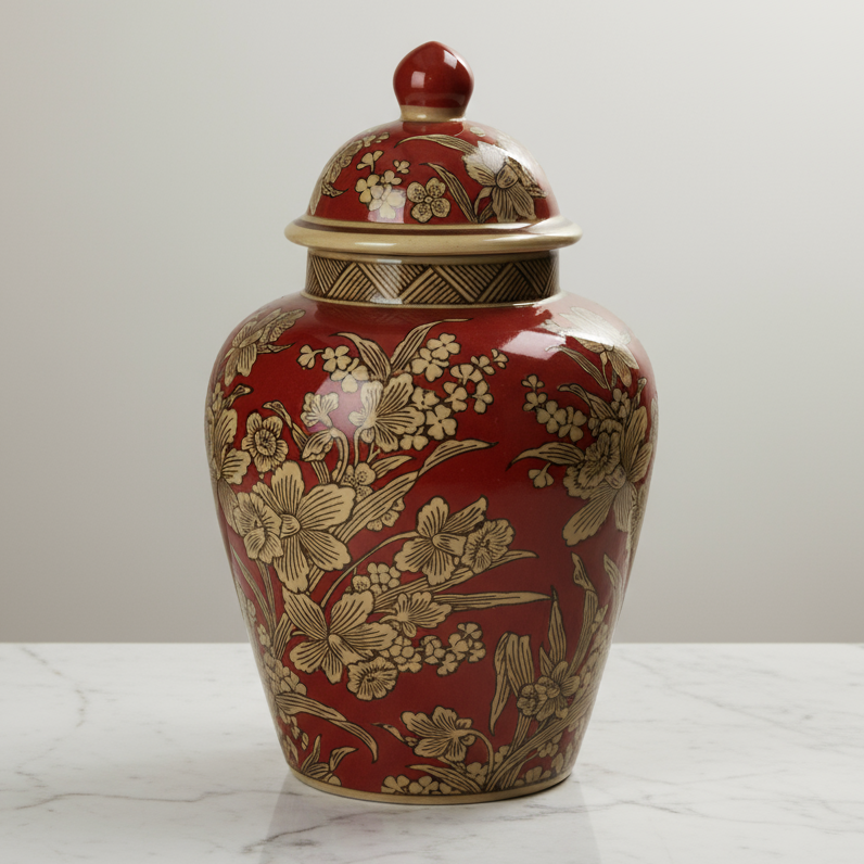 Chinoiserie Ginger Jar Pot Red Gold Porcelain with Floral Design and Lid for Elegant Home Decor