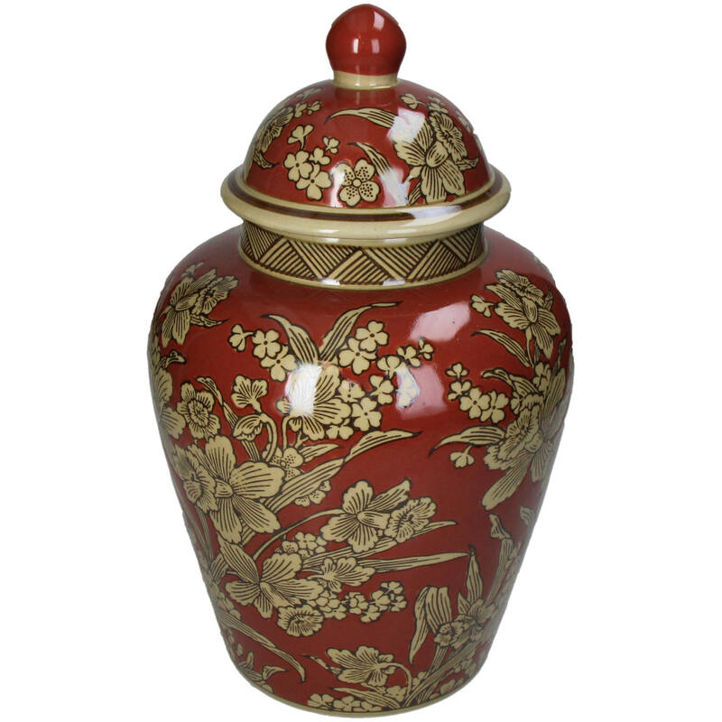 Chinoiserie Ginger Jar Pot Red Gold Porcelain with Floral Design and Detailing