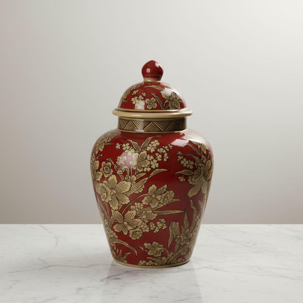 Chinoiserie Ginger Jar Pot Red Gold Porcelain with intricate floral design and elegant lid