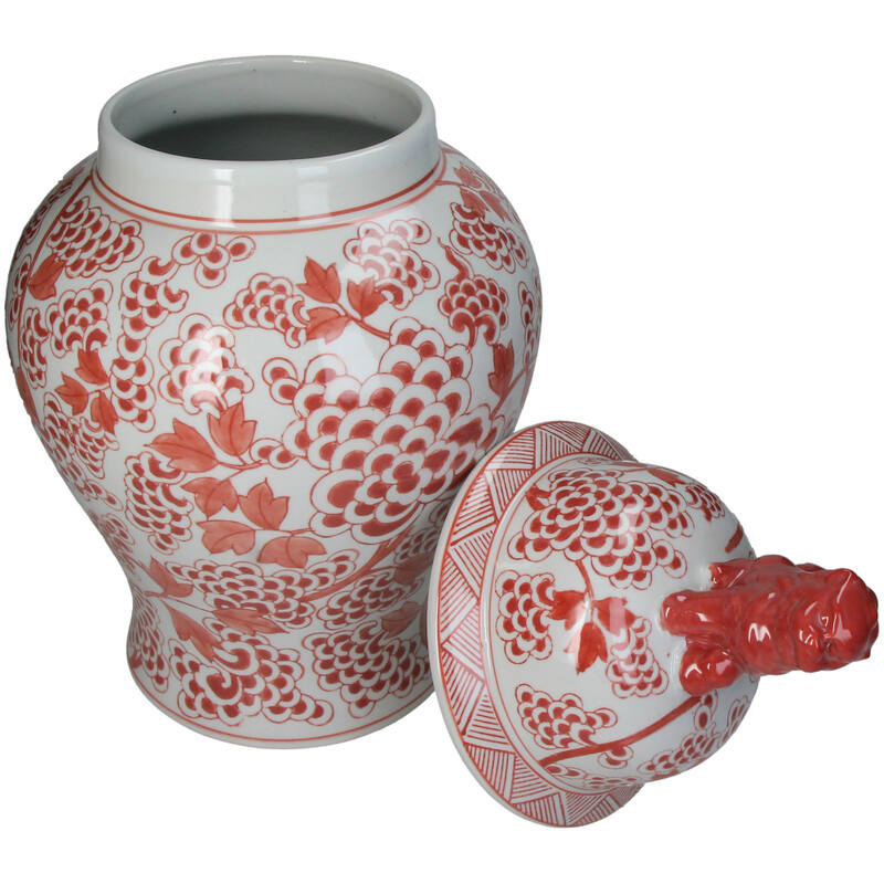 Chinoiserie Ginger Jar Pot Vase Red Porcelain with intricate floral patterns and a decorative lid