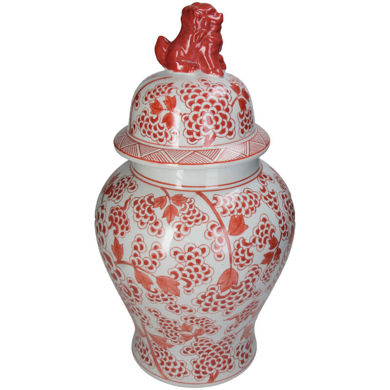 Chinoiserie Ginger Jar Pot Vase Red Porcelain with decorative floral patterns and a lion finial