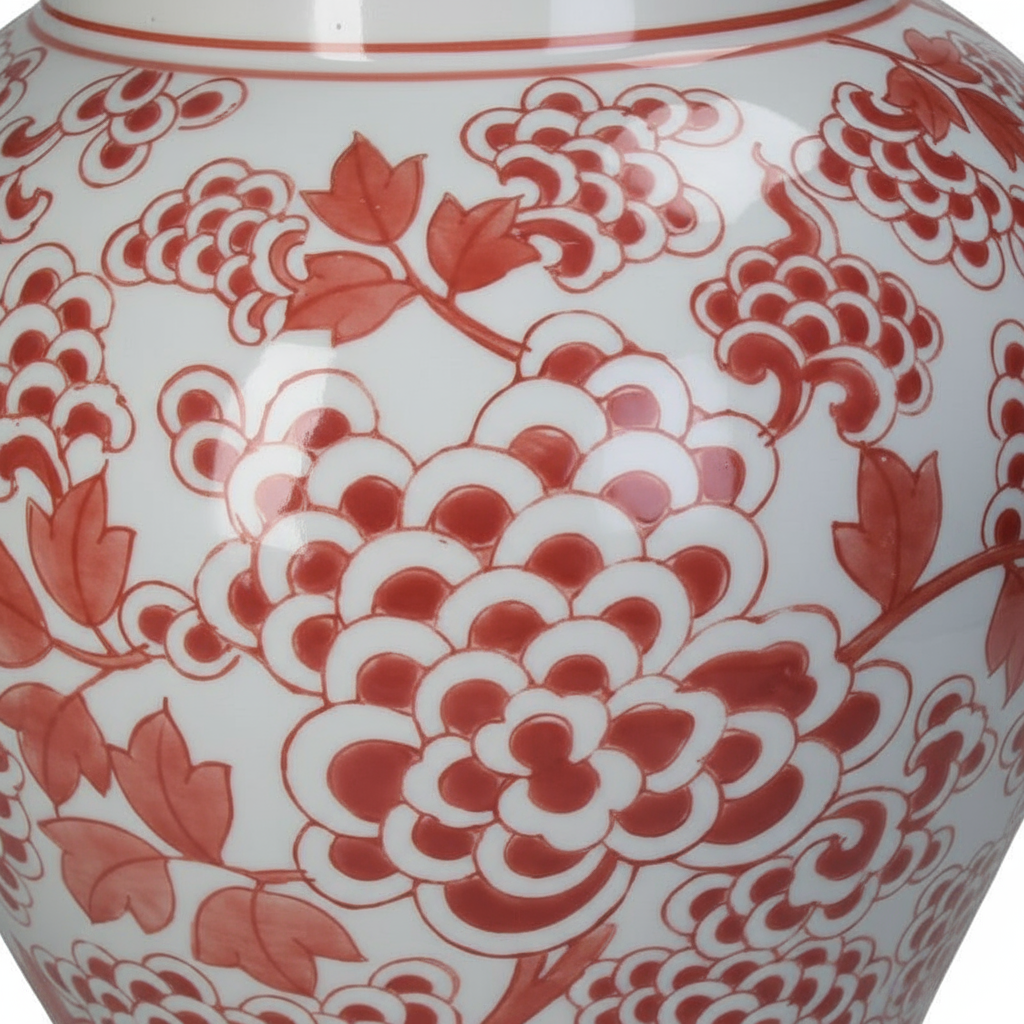 Chinoiserie Ginger Jar Pot Vase Red Porcelain featuring intricate floral designs in vibrant red hues