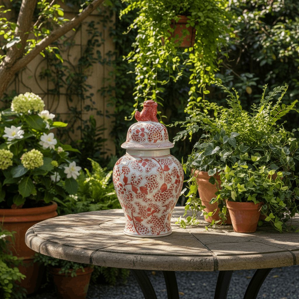 Chinoiserie Ginger Jar Pot Vase Red Porcelain on a garden table surrounded by greenery