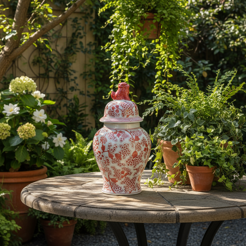 Chinoiserie Ginger Jar Pot Vase Red Porcelain on a garden table surrounded by greenery