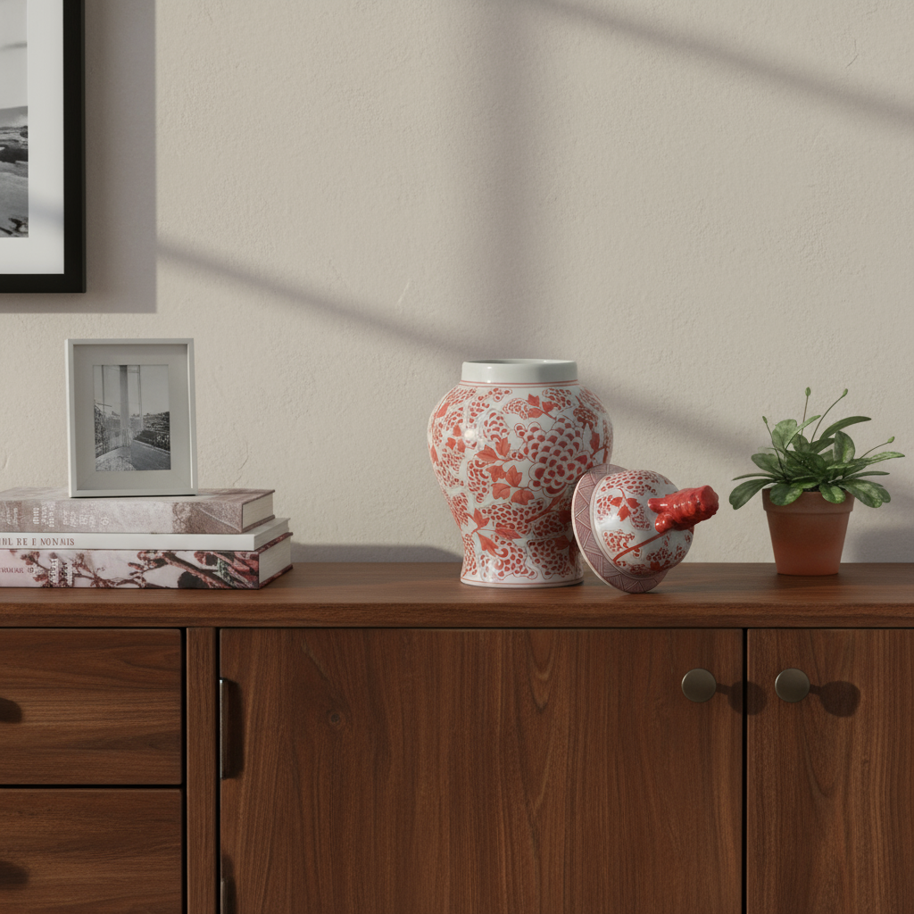 Chinoiserie Ginger Jar Pot Vase Red Porcelain displayed on a wooden sideboard with decorative elements