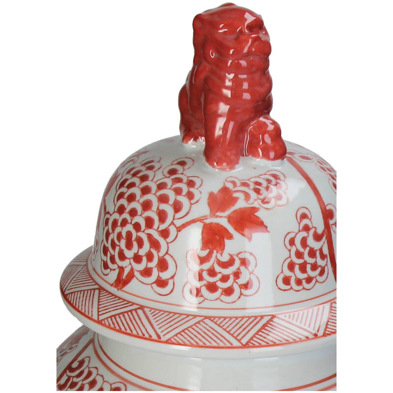 Chinoiserie Ginger Jar Pot Vase Red Porcelain with intricate floral patterns and a lion lid design