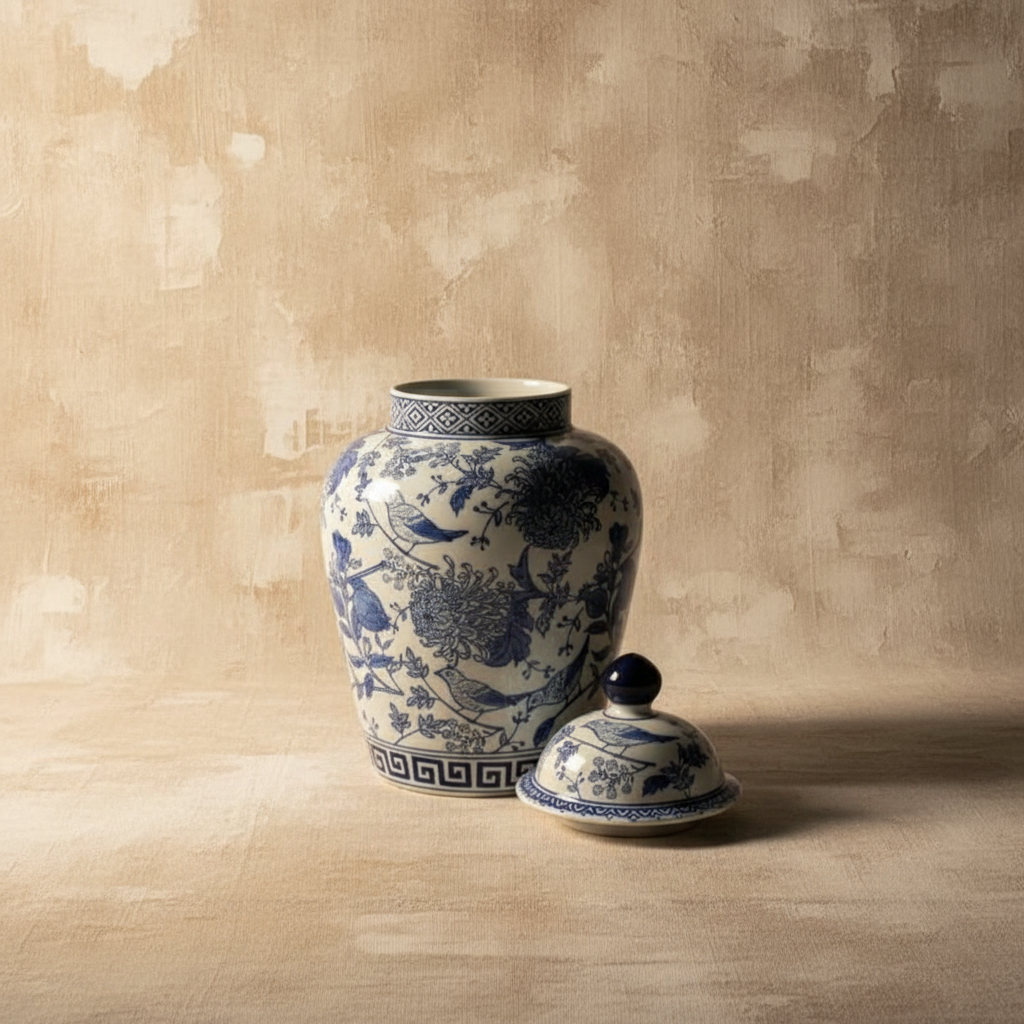 Chinoiserie Ginger Jar Pot & Vase Vaals - 35x18x18cm- White Blue Porcelain