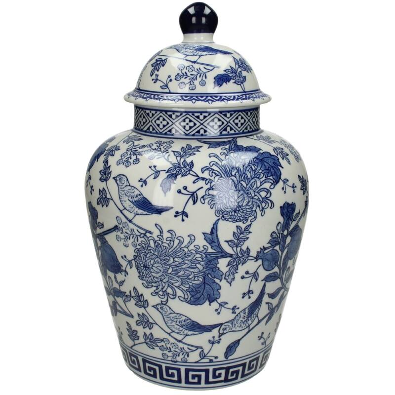 Chinoiserie Ginger Jar Pot & Vase White Blue Porcelain with Floral and Bird Designs