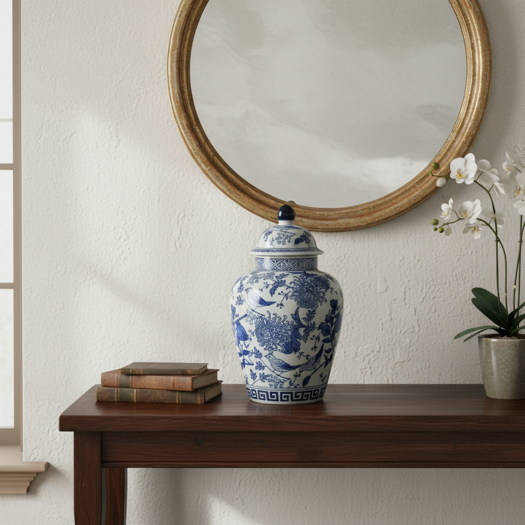 Chinoiserie Ginger Jar Pot & Vase White Blue Porcelain on a wooden table beside decorative elements