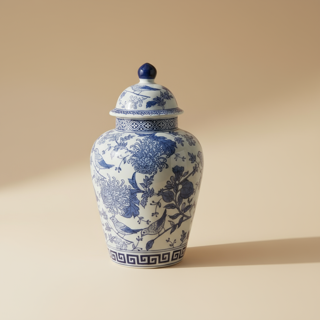 Chinoiserie Ginger Jar Pot & Vase White Blue Porcelain with floral design and ornate lid