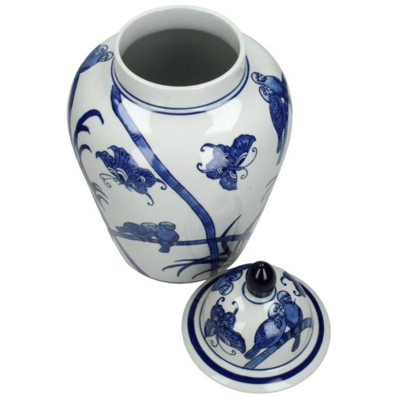 Chinoiserie Ginger Jar Pot & Vase White Blue Porcelain with butterfly and bird patterns
