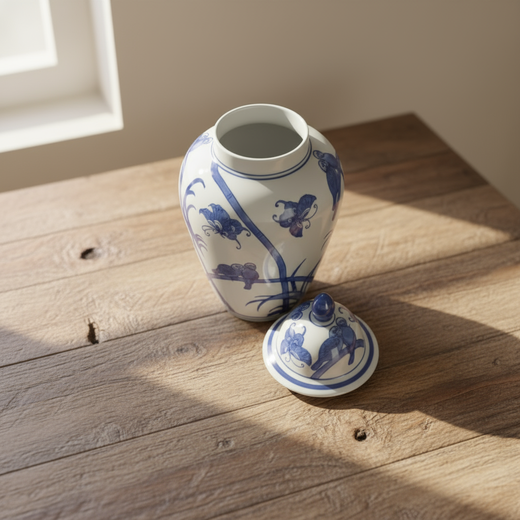 Chinoiserie Ginger Jar Pot & Vase White Blue Porcelain on a wooden surface with lid off