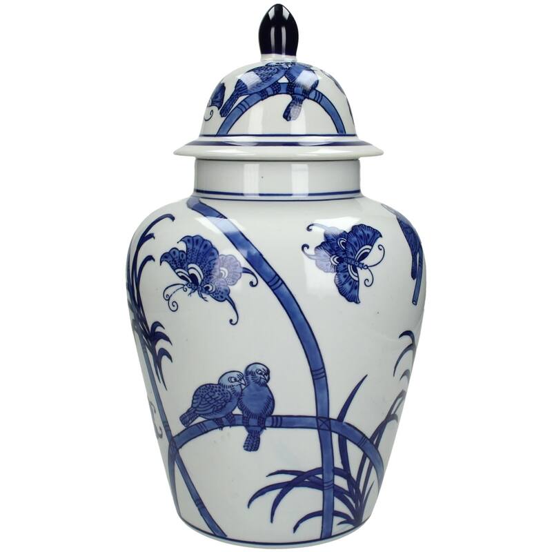 Chinoiserie Ginger Jar Pot & Vase White Blue Porcelain with Elegant Bird and Floral Designs