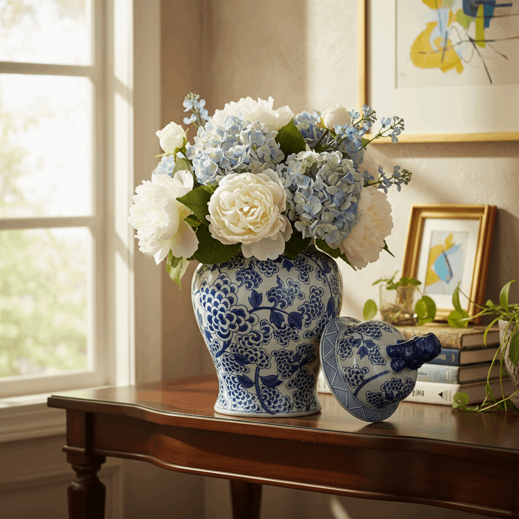 Elegant Chinoiserie Ginger Jar Pot & Vase with Blue Floral Pattern and Fresh White and Blue Hydrangeas