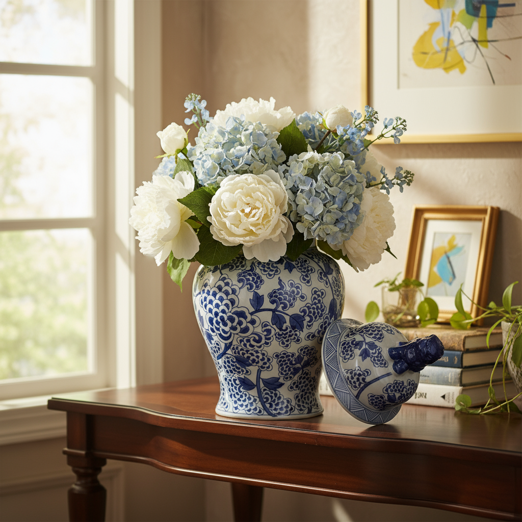 Elegant Chinoiserie Ginger Jar Pot & Vase with Blue Floral Pattern and Fresh White and Blue Hydrangeas